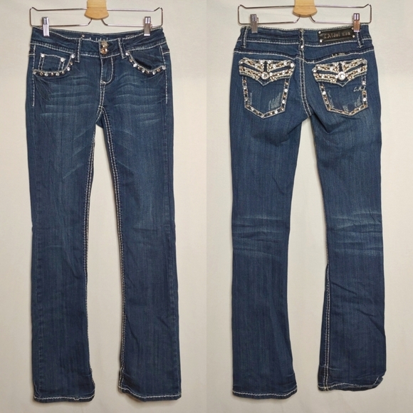 LA Idol USA Jeans Embelished Bling Thick Stitch Slim Boot Low Rise Size 5 29 34 - Picture 1 of 10